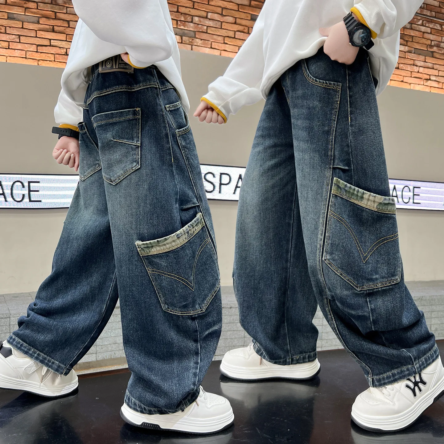 

Teenage Boys Cargo Jeans Spring Autumn New Streetwear Kids Wide Leg Denim Pants for Children Loose Pockets Trousers