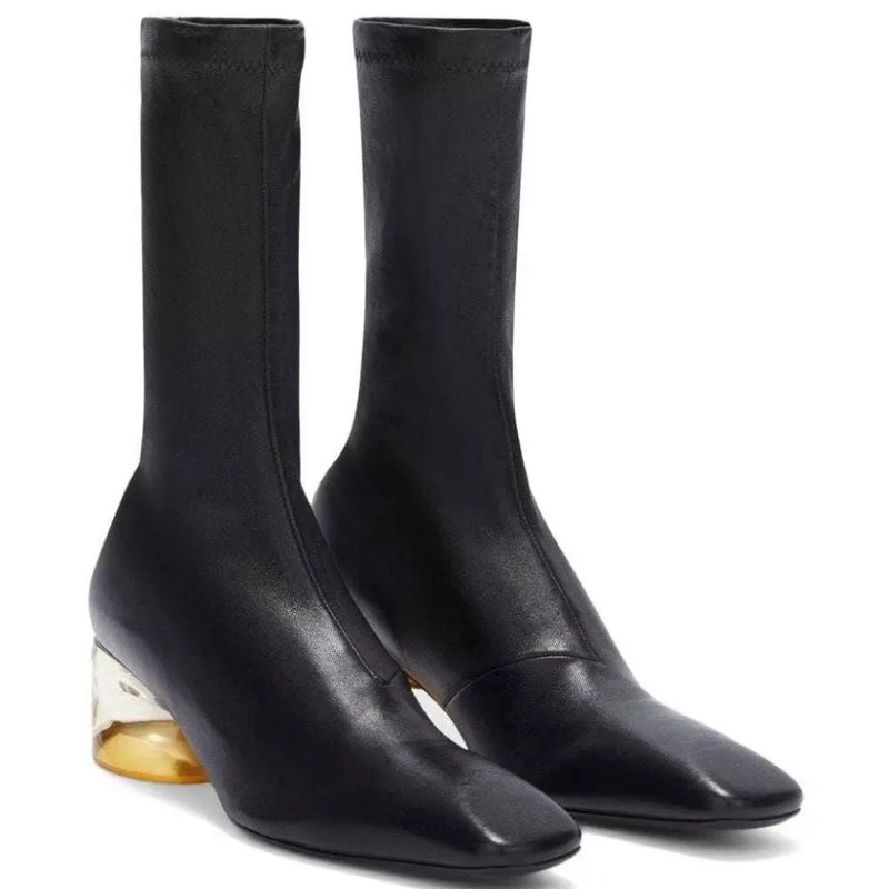 Ladies Minimalist Stretch Soft Leather Slim Mid Calf Boots Square Thick Block Heel Dual Soft Microfiber & Fleece FullF284