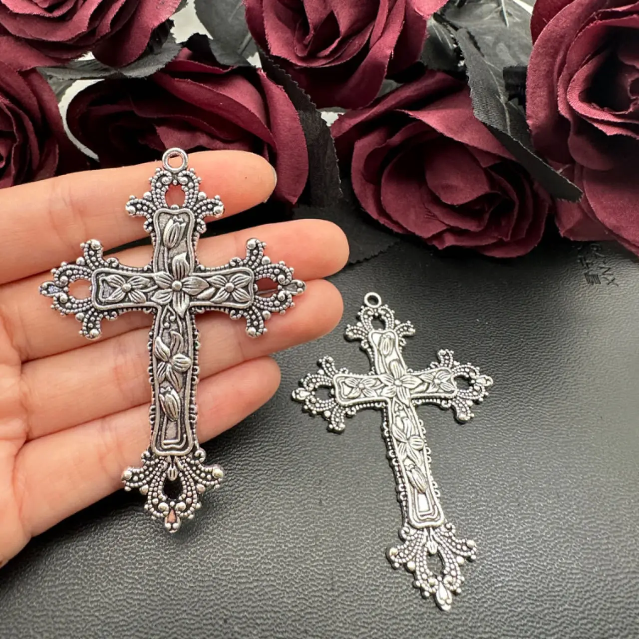 2pcs/lot Big Style Vintage Flower Cross Charms Religion Faith Pendant DIY Necklace Handmade Jewelry Making Finding Supplies