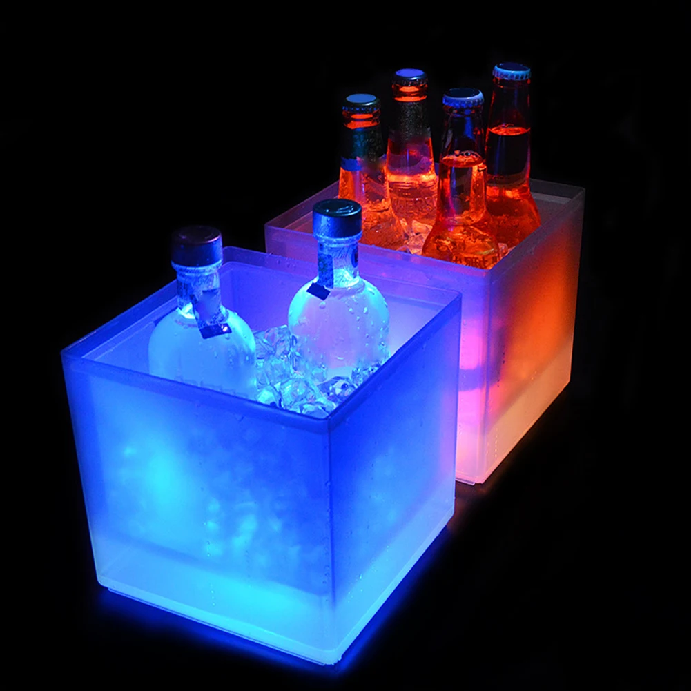 3.5L LED Ice Bucket Colorful Double Layer Square Bar Beer Ice Bucket Luminous Multi-Color Changing Wine Cooler Barrel