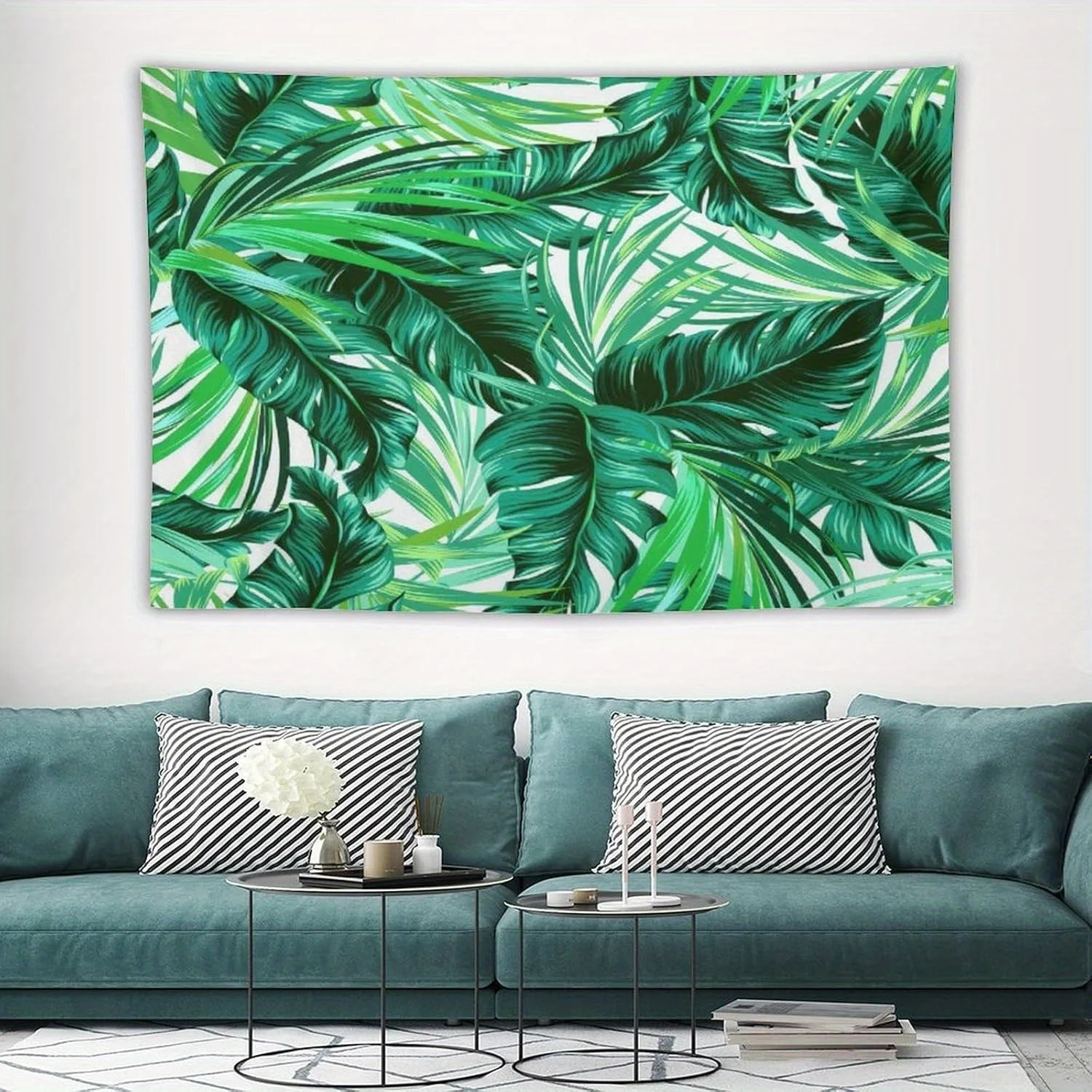 1pc Tropical green leaf print tapestry, polyester fabric, machine washable, suitable for bedroom and living room décor.