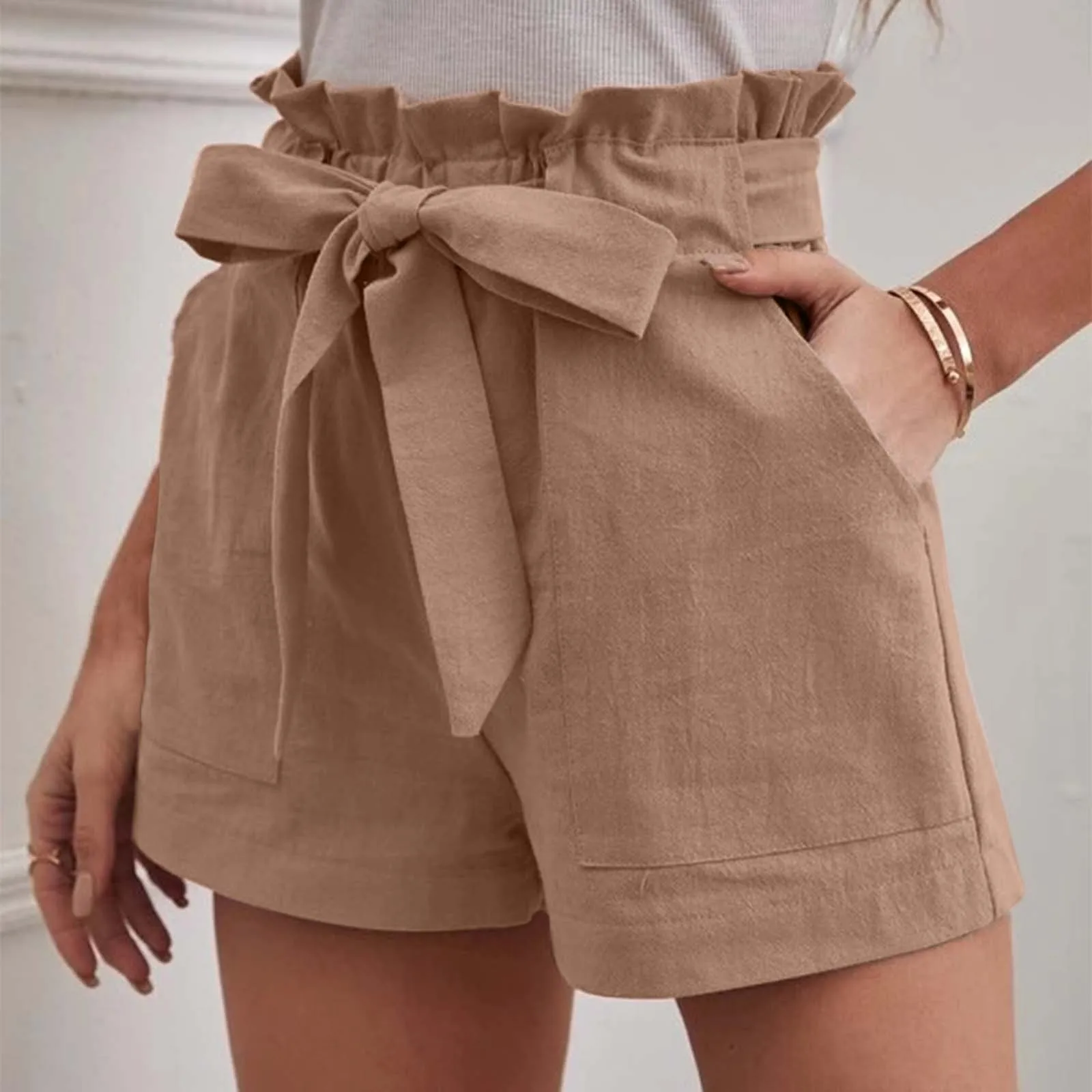 Shorts monocromáticos femininos, bolso casual com cordão, calça curta feminina, cintura alta, calça curta diária com renda, elegante, verão