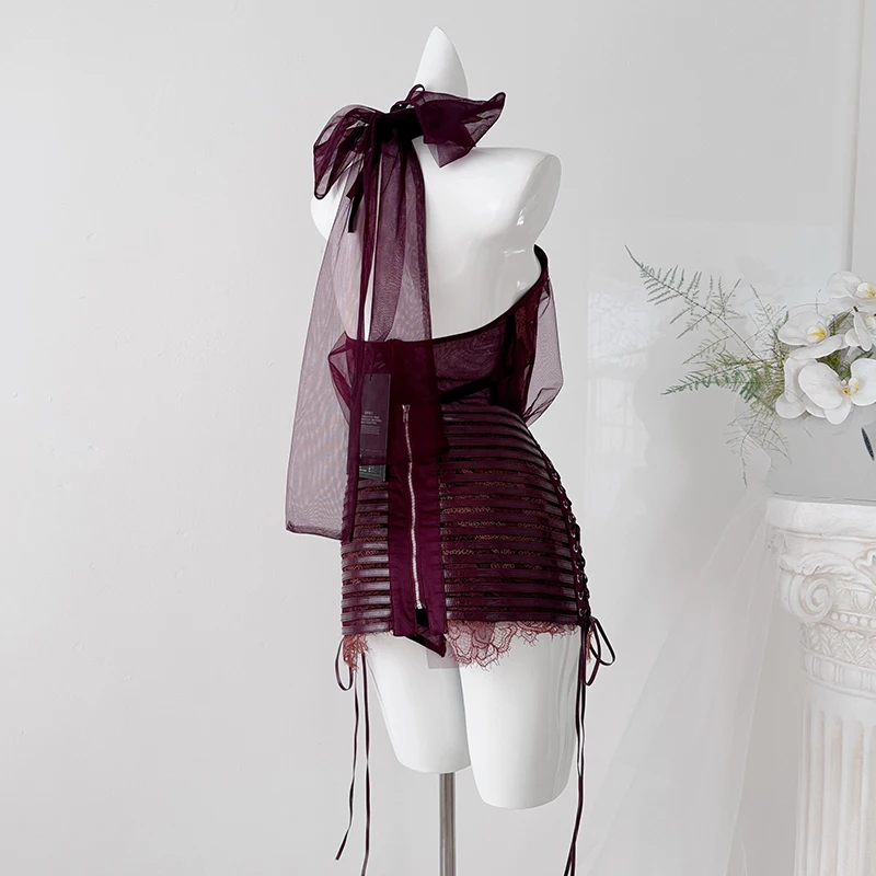 Vintage 2 Piece Playsuits Skirt Sets Women Sexy Halter Sleeveless Romper Chic Lace Patchwork PU Bodycon Skirt Bandage Mini Skirt image 3
