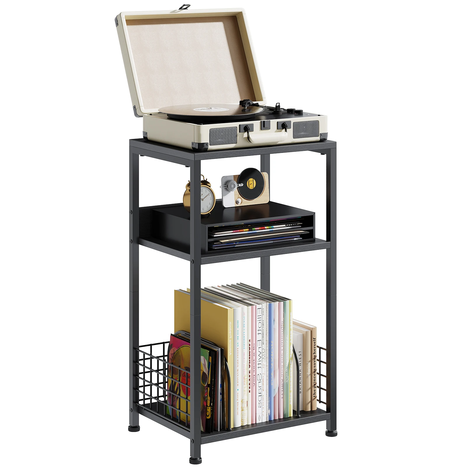 JHK 16IN 3-Tier Record Player Stand with Storage AV Media Stand CD Rack Sturdy Steel Shelves Collection DVD Organize for Home