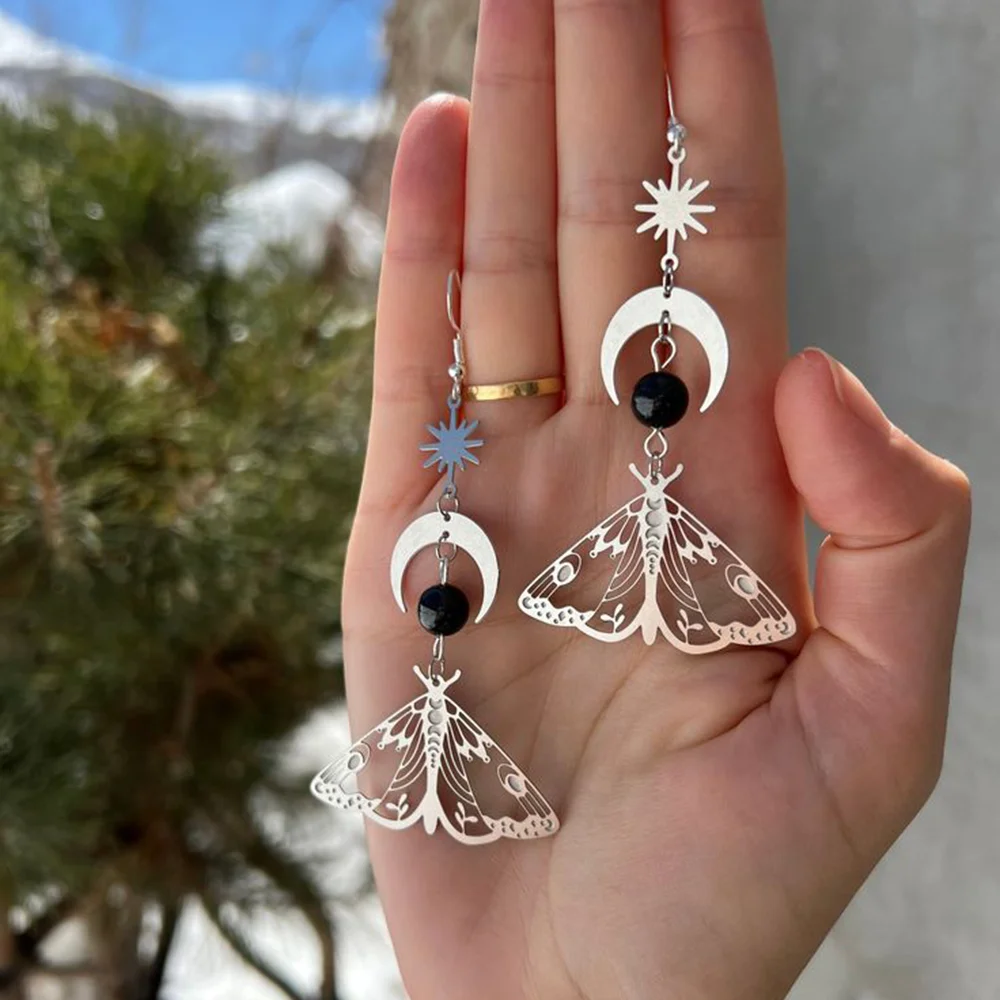 2pc Fashion Moth Moon Sun Simple Copper Natural Stone Silver Color Earring Pendant Woman Party