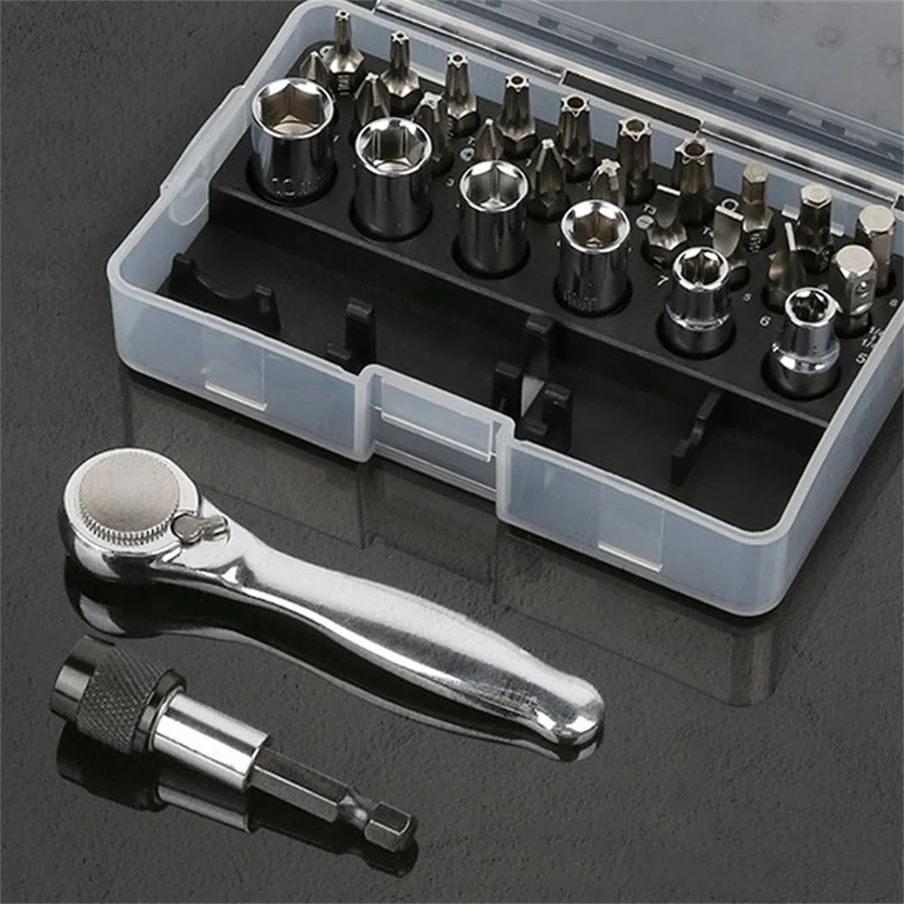 Multi Functional Front And Back Mini Socket Hex 28 In 1 72 Tooth Ratchet Wrench Screwdriver Set