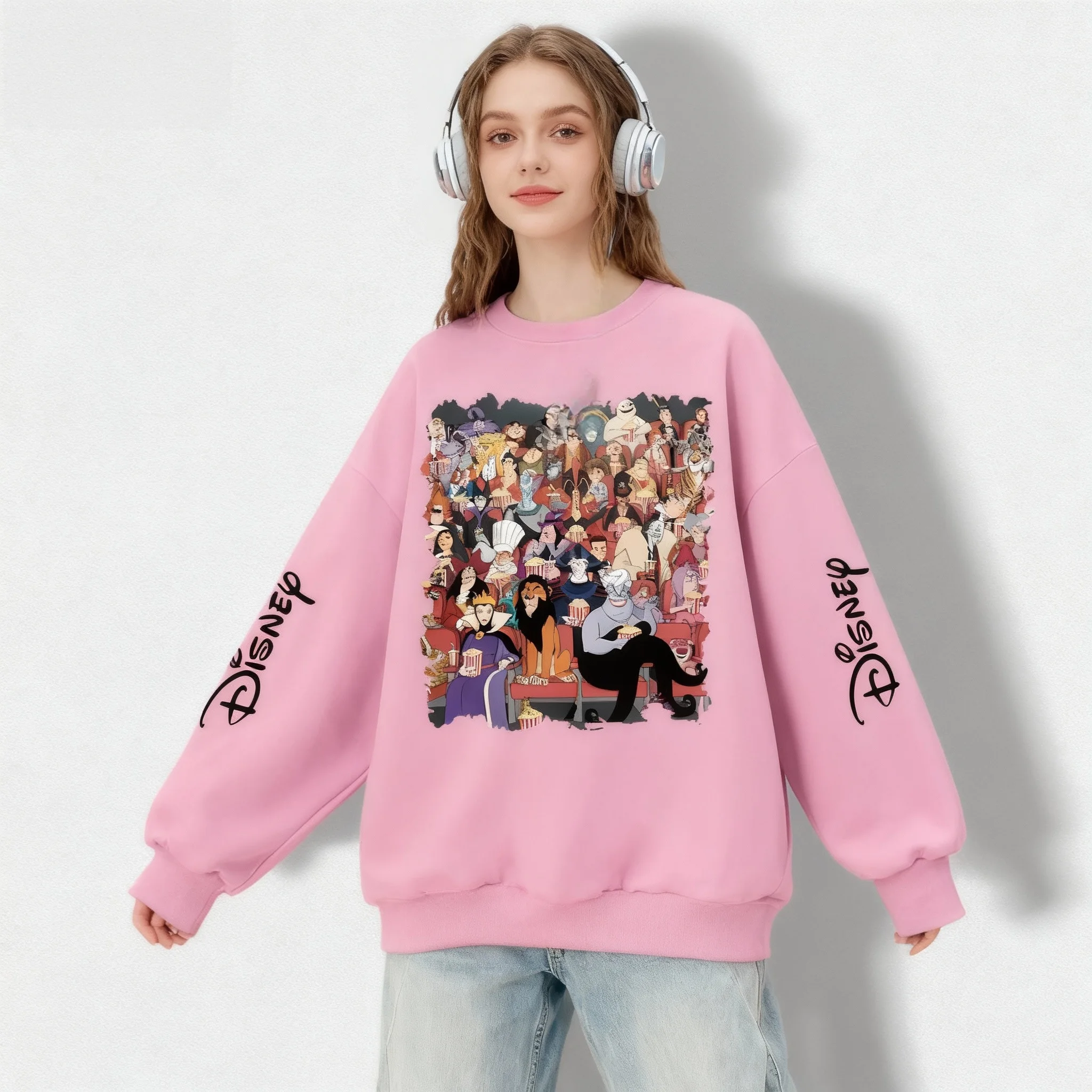 Disney Animated Character Puzzle Series Oversized Women's Adult and Children's Autumn and Winter Round Neck Hooded Sweatshirt