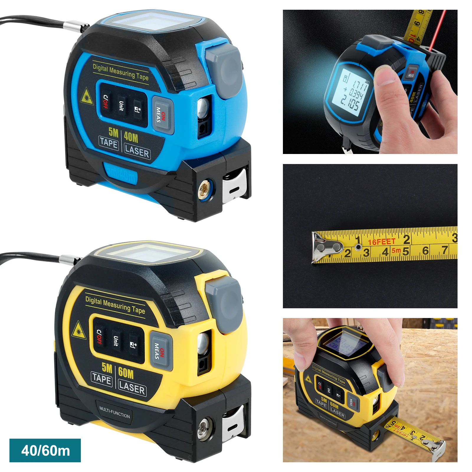 Almighty Ruler Self Locking Digital Tape Measure LED Display 3 in 1 Rangefinder Tape Measure Ruler Measuring Tape 131/196 FT