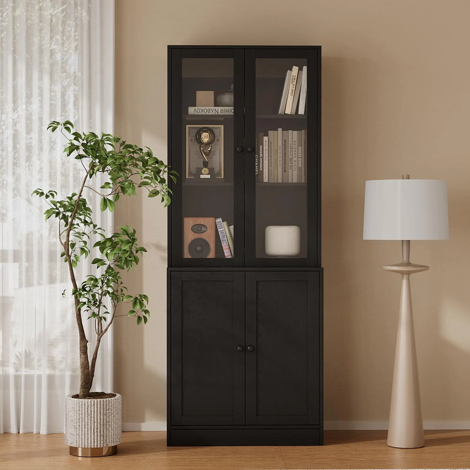 71'' Bookshelf with Doors - 5 Tier Freestanding Tall Bookcase, Modern Storage Cabinet for Home Office, Curio Cabinets