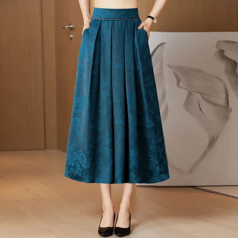 2024 New Elegant Retro Pleated Skirt Women's Clothing middle-aged Elderly Mothers Spring Summer Jacquard A-line Wrap Skirts 131