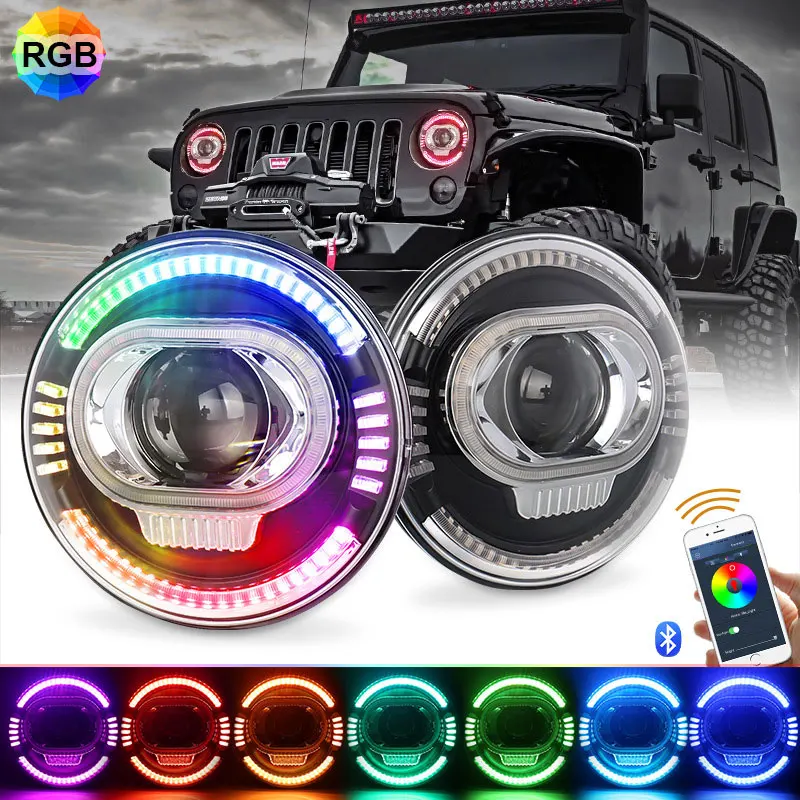 RGB Car 7 Inch Led Headlight Hi/Low H4 Halo Angle Eyes DRL For Jeep JK TJ OffRoad Defender Hummer 4x4 Suzuki Samurai Headlamp