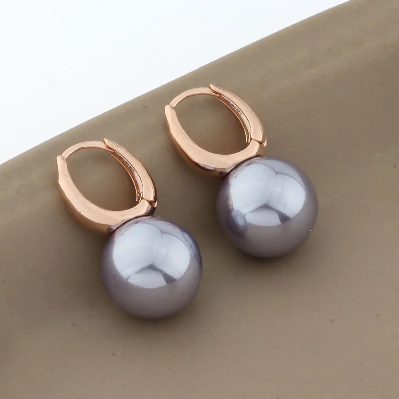 New Trend 14mm Round Pearl Earrings Unique 585 Rose Gold Color Simple Hanging Earrings For Women Wedding Fashion Jewelry 2022