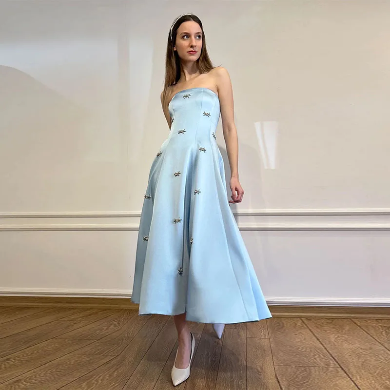 

L57 Customized Blue Satin Strapless Crystal Ankle Length فساتين السهرة vestidos de fiesta فساتين سهره evening dresses