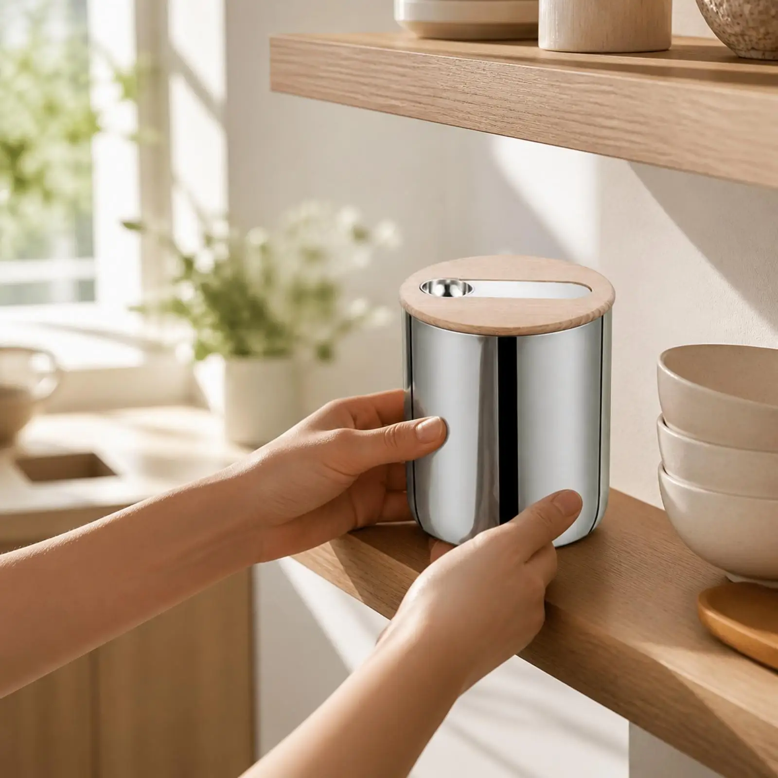 Kitchen Storage Canister 304 Stainless Steel Airtight Sealed Jar with Wood Lid for Coffee Bean Tea Leaf Dry Goods Pantry