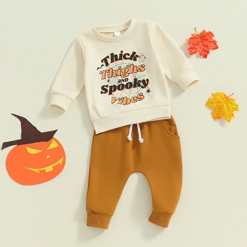 

Baby Boys Pants Set Long Sleeve Letters Spider Web Print Sweatshirt with Elastic Waist Sweatpants Halloween Clothes