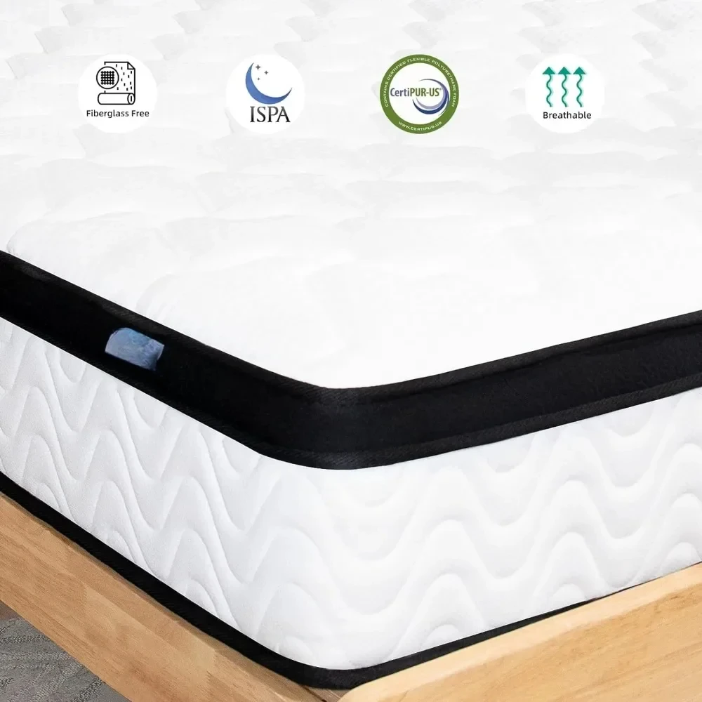 Matelas Queen en mousse à mémoire de forme, moyen optimiste, ressorts de poche individuels, lit gratuit violet, respirant, 12 po