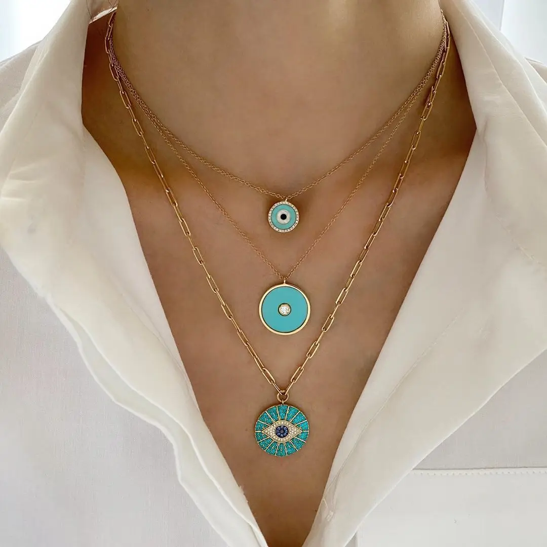 New Evil Eye Round Pendant Necklaces for Women Paved Full Turquoise and Cubic Zircon Gold/Rose Gold Plated Color Fashion Jewelry