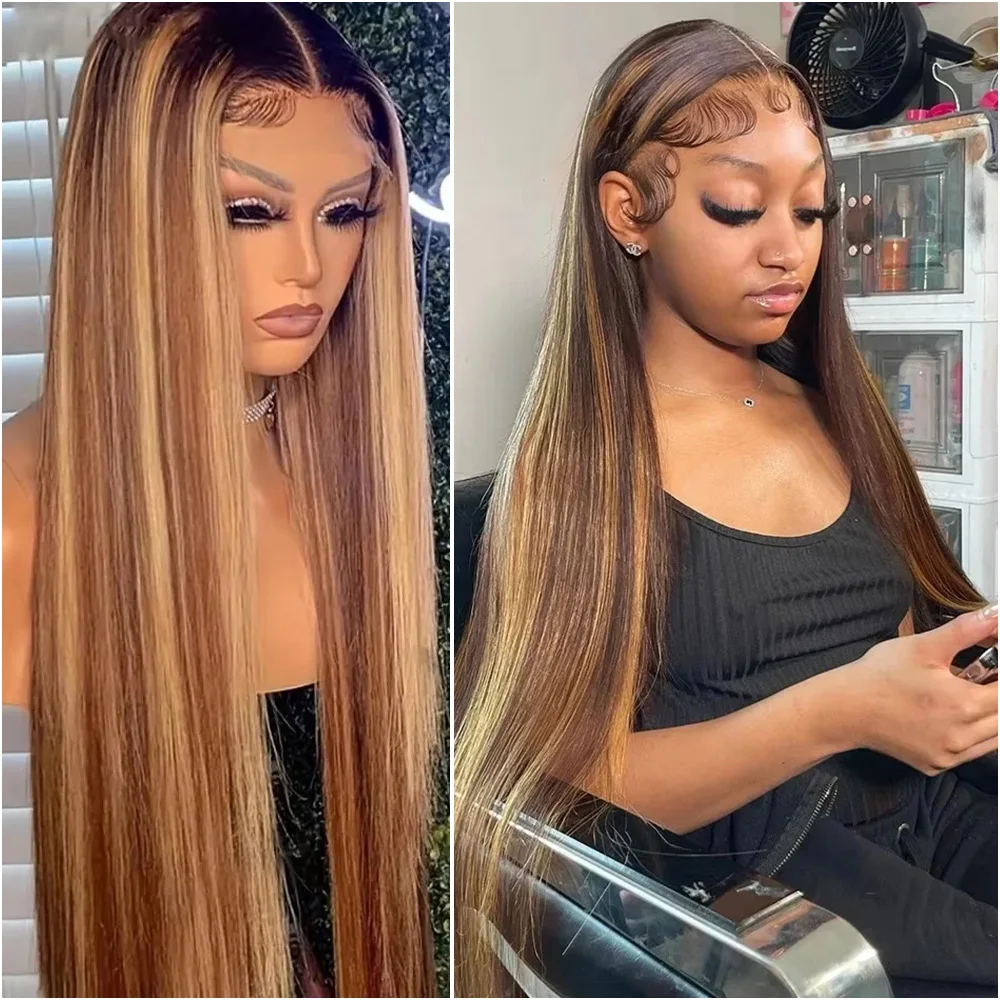 

40 Inch Straight Highlight Lace Front Brazilian Human Hair 200% Density Wig 4/27 Colored Honey Blonde 13x6 HD Lace Frontal Wigs