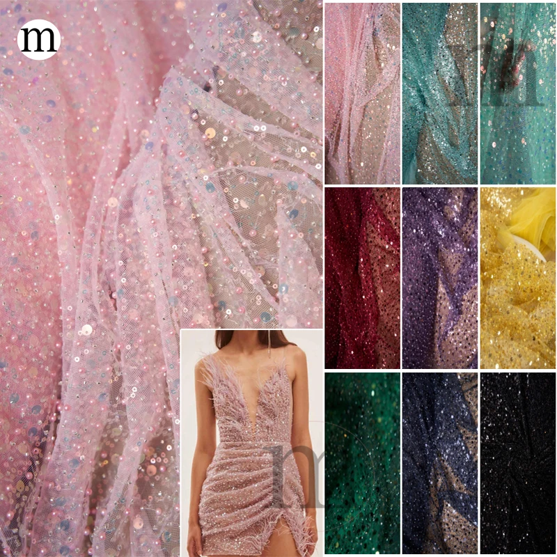 

Red Wedding Crystal Beaded Fabric - Heavy Sequins & Pearl Embroidery for Evening Dresses, Formal Gowns & Bridal Wear