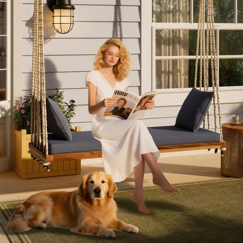 2-Person Acacia Wood Swing with Thick Cushion, 10.8ft Ropes, Pillows, 400lbs Capacity for Outdoor Patios