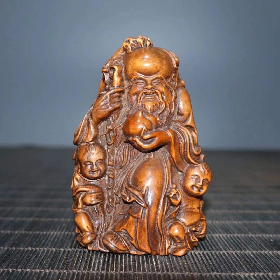 Hand Carved Wood Two children and the god of longevity Statue Figurine Desktop Ornaments Home Decoration Crafts Tea Pet Decor