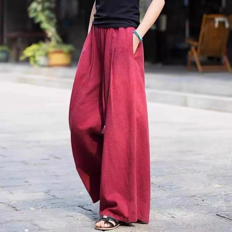 Cotton Wide Leg Pants Women's Loose Fit Slimming Casual Trousers Pure Color Long Summer Thin Wide Leg Pants Commute Sle