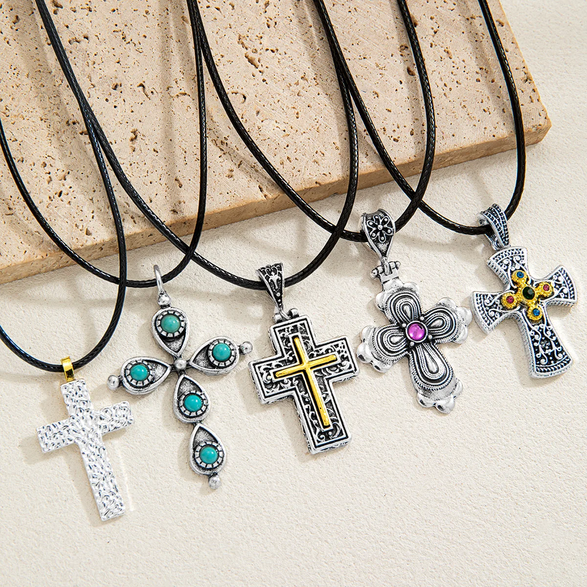 5 fashionable retro carved two-color cross pendant leather rope woven colorful zircon men's and women's necklace