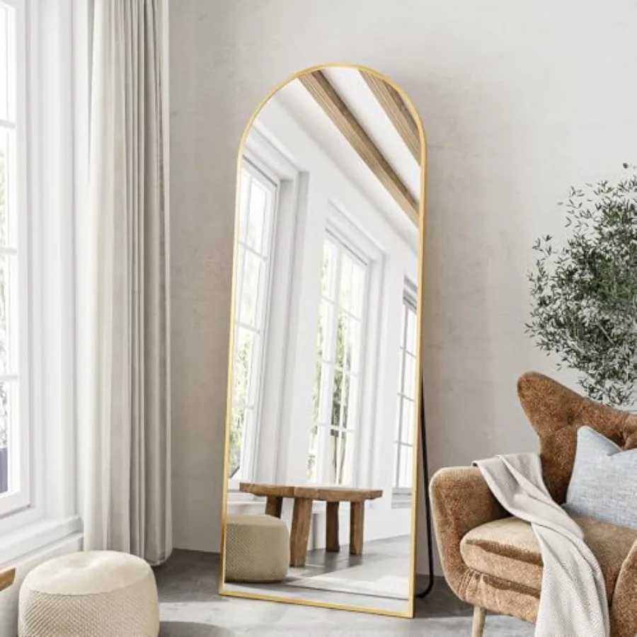 

Full-length arched floor mirror for bedroom and living room use, aluminum frame, silver finish, lightweight yet sturdy stand de