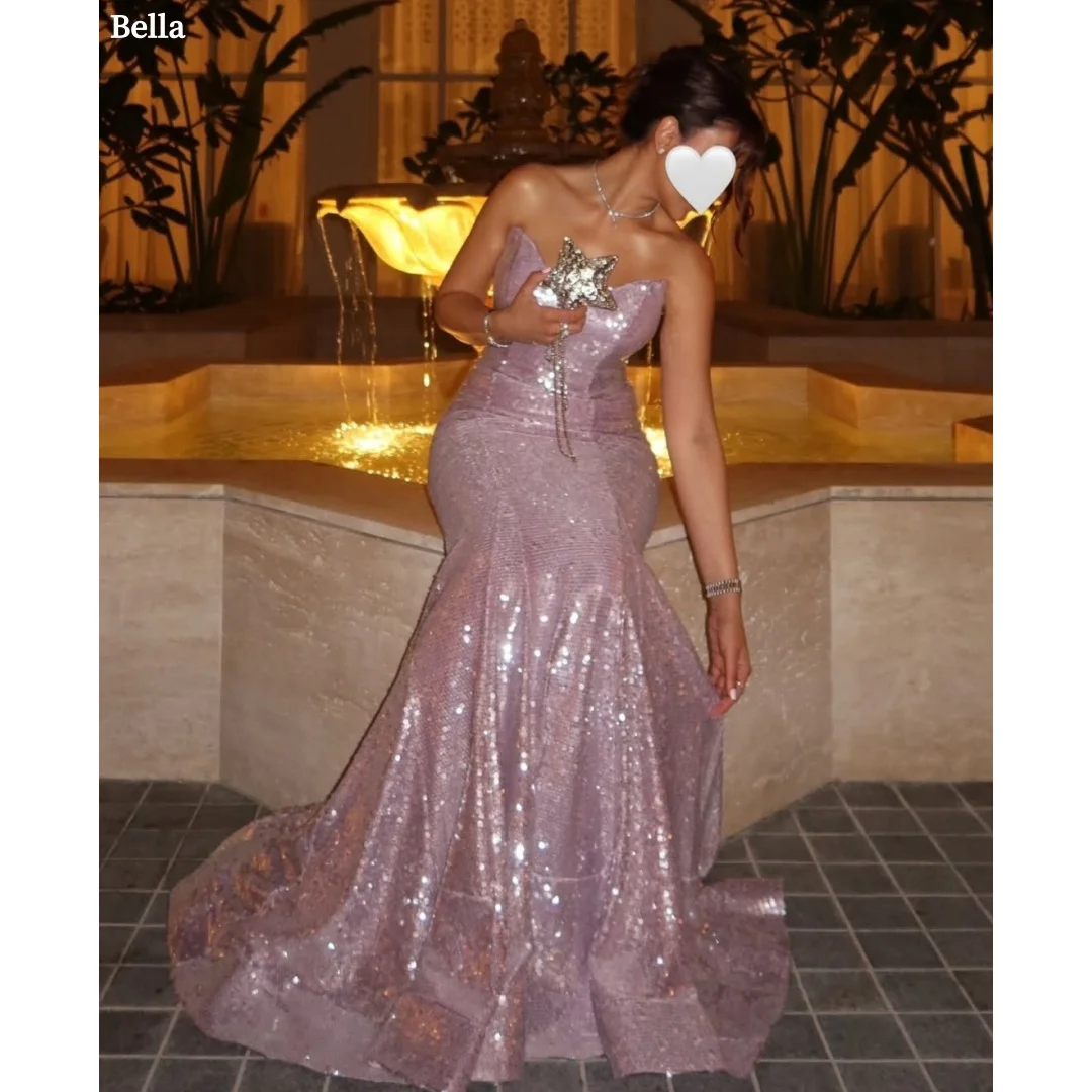 

Bella Customized Lavender Sequin Elegant Prom Dresses Strapless Mermaid vestidos de noche Wedding Guest Sparkly Formal Evening