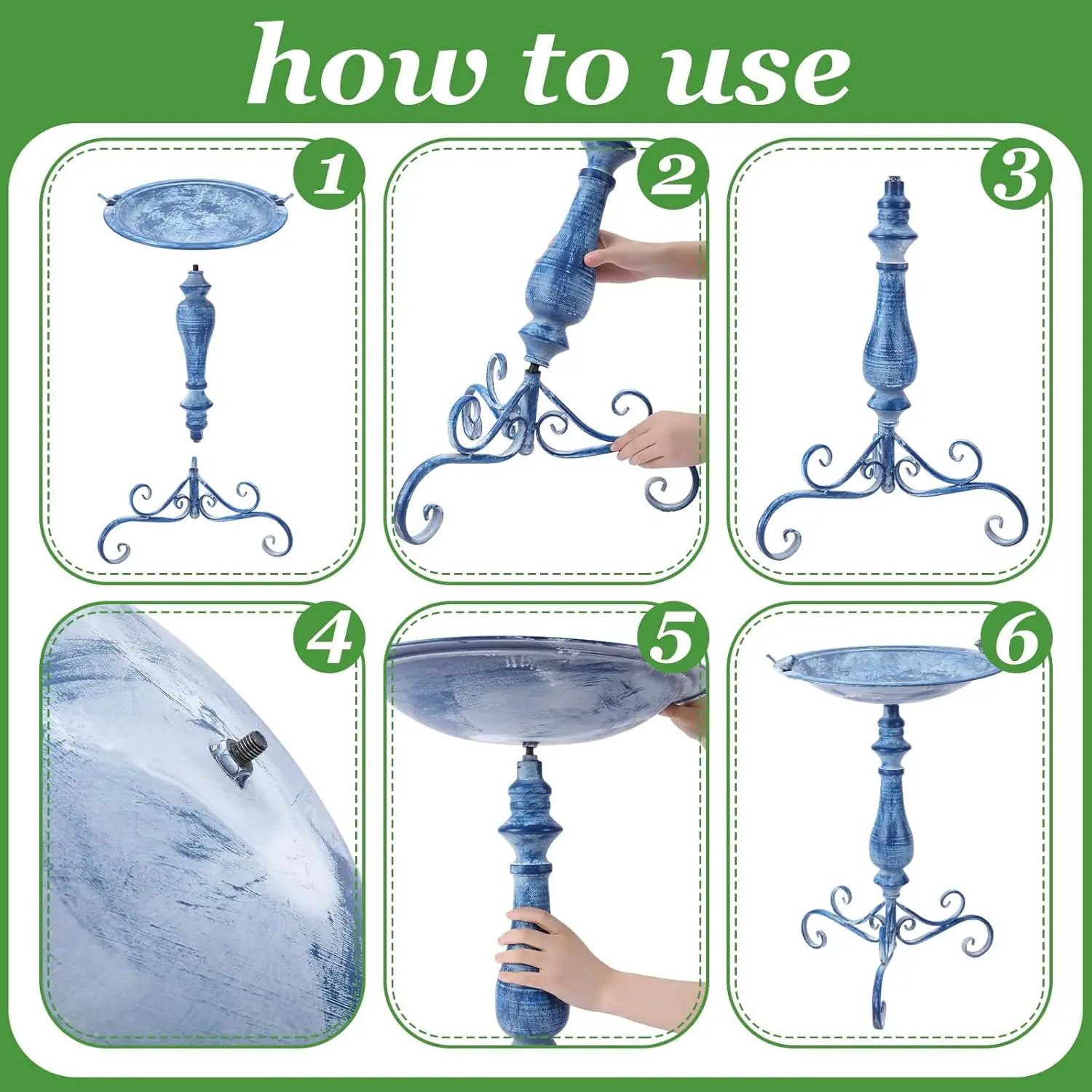 حمام طيور معدني أزرق عتيق مقاس 27.25 بوصة مع طيور من الحديد الزهر، ديكور للحديقة الخارجية، مقاوم للصدأ