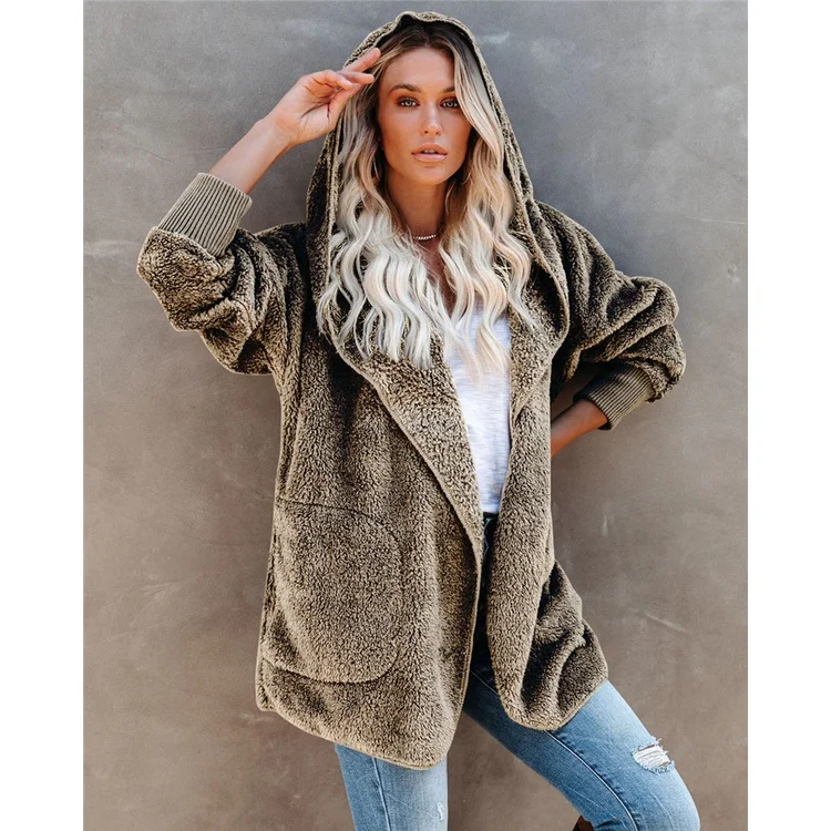 Trench-Coat à capuche en flanelle Sherpa pour femme, manteau polaire chaud d'hiver