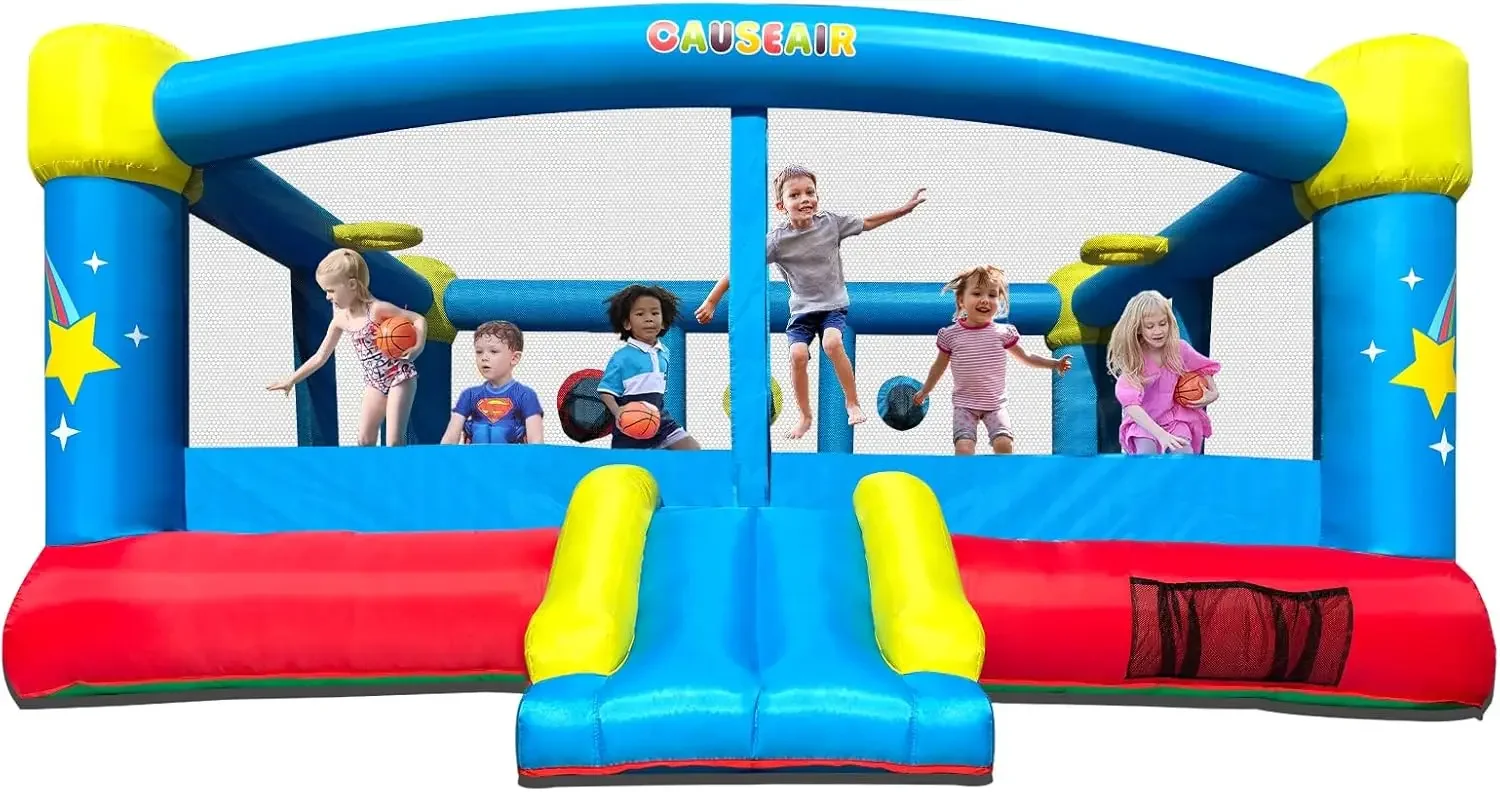 Casa de rebote inflable grande para diversión con fiestas, 15 pies x 14,8 pies, aro de baloncesto doble, juego de pelota de lanzamiento, PVC reforzado