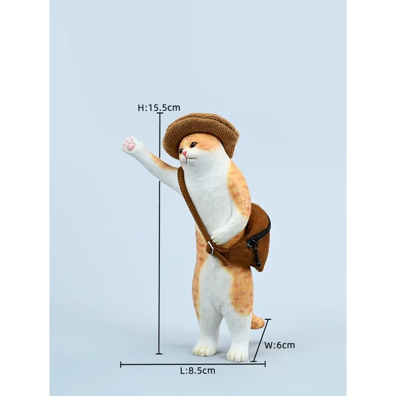 JXK Statuetka Kota w Skali 1/6 z Kapeluszem, Machający Kotem, Ręcznie Robiona, Drewniana, Urocza Lalka z Żywicy, Model Zwierzęcia, Zabawka, Kolekcjonerski Prezent