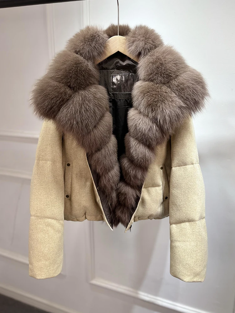 Janveny Luxury Winter 90% White Duck Down Wool Blends Jacket Women 2025 New Real Natural Fox Fur Thick Warm Puffer Down Coat