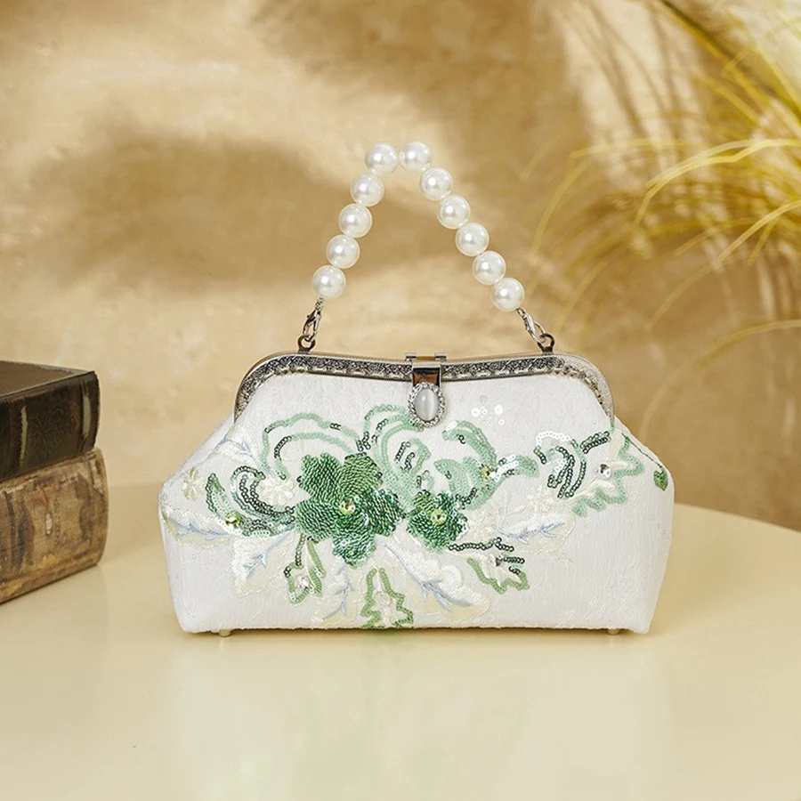 Beaded Flowers Evening Bag with Removable Shoulder Strap Women's Fashion Shell Clip Clutch Purse Luxury Kisslock Design Handbags