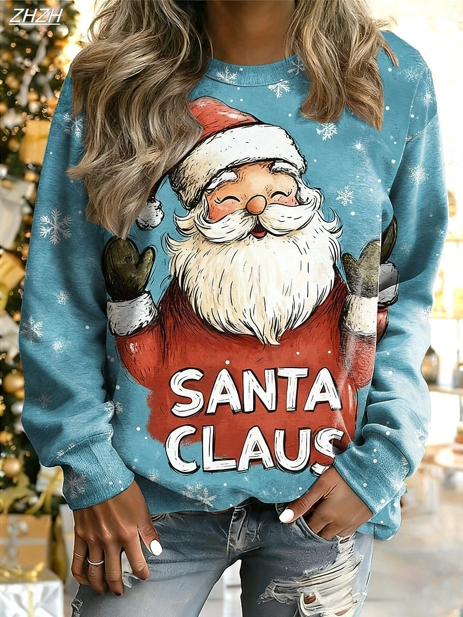 بلوفر نسائي برسومات سانتا لعيد الميلاد، رقبة دائرية مريحة وأكمام طويلة، نمط شارع المنزل، سترة كاجوال للخريف والشتاء