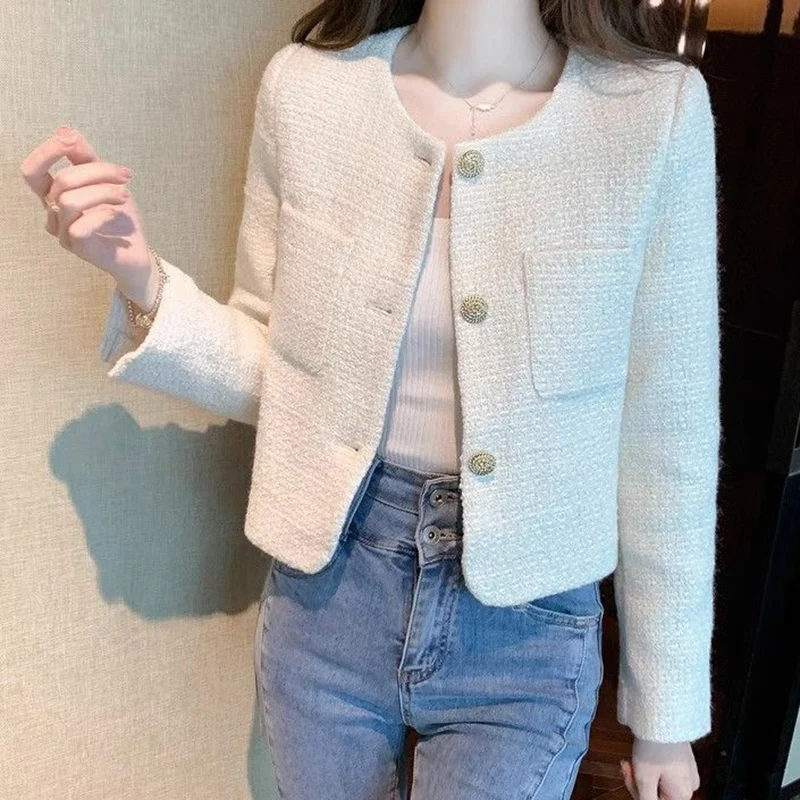 Rimocy Korean Fashion Tweed Cropped Jackets for Women 2024 Spring Round Neck Chic Coat Woman Beige Single-Breasted Jacket Female