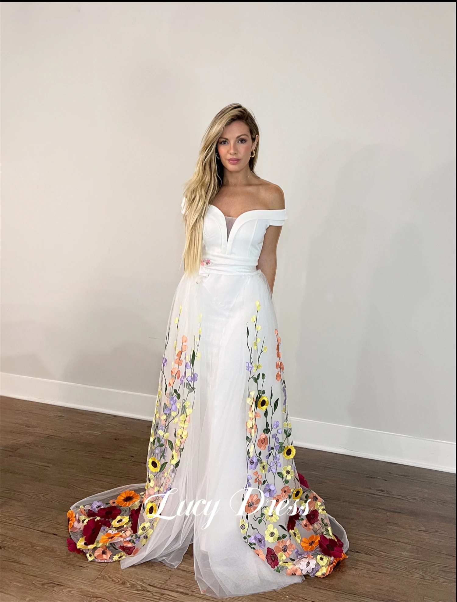 Lucy White Wedding Dress Fishtail Cut Floral Fabric Serin Evening Dresses for Special Occasions Robe Soiree Party Customized