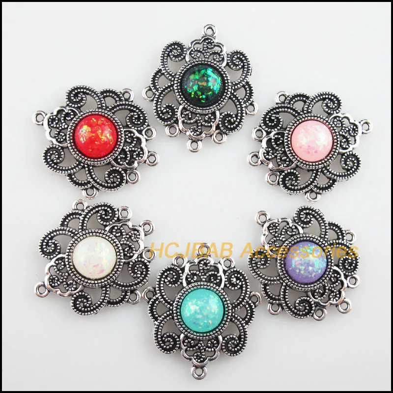 

6Pcs Tibetan Silver Plated Retro Heart Mixed Round Resin Charms Connectors 26x31mm