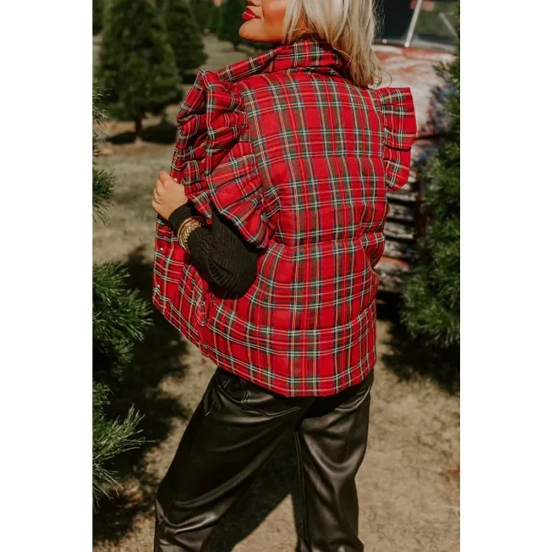 Winter Frauen Plaid Weste Mantel elegante Vintage y2k ärmellose Stehkragen warme dicke Baumwolle gepolsterte Jacke Outwear