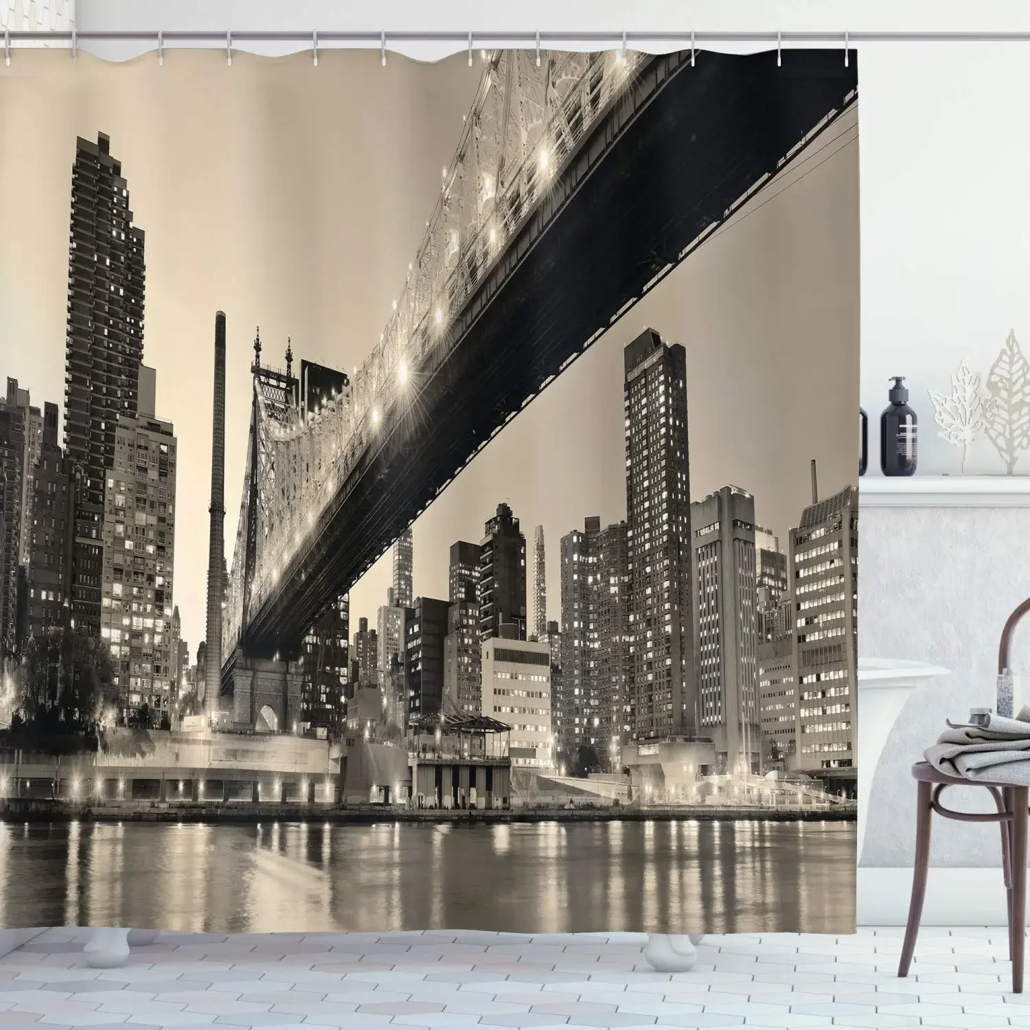 New York Shower Curtain Grey Night City Bathroom Curtain City View Modern Life Theme Waterproof Polyester Fabric with Hooks