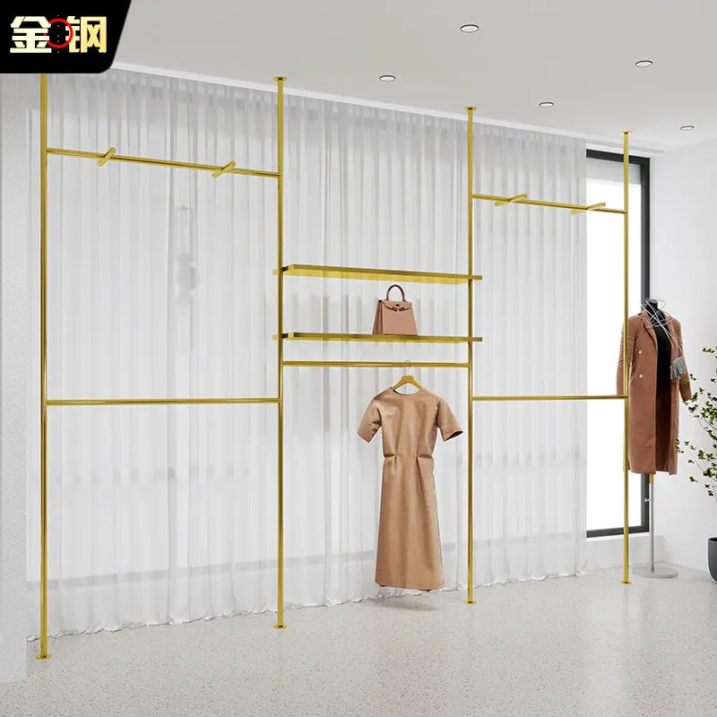 

Garment store display rack column upper wall stainless steel titanium hanger women's clothing store special display shelf props