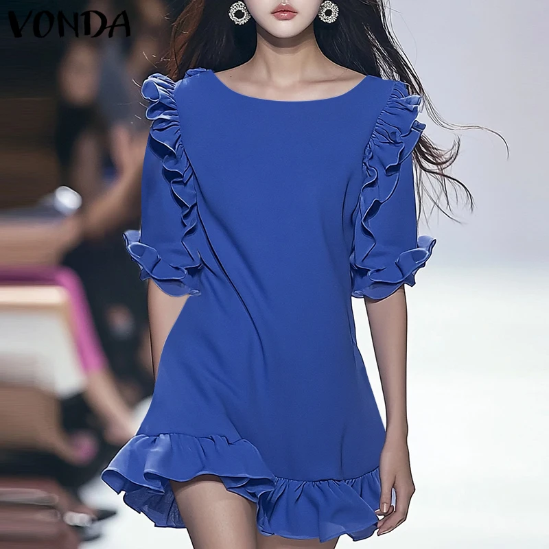 VONDA Women Mini Dress 2025 Elegant Ruffled Sundress Casual Half Sleeve Solid Sundress Summer Holiday Lady Vestidos Robe