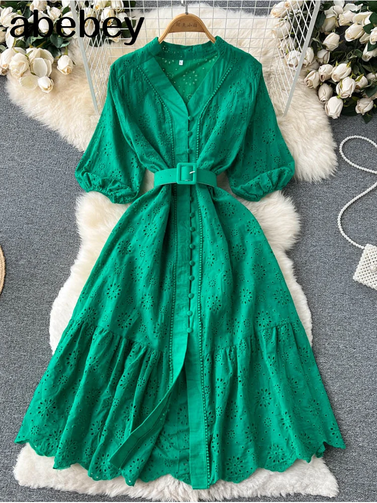 Green/White Korean Chic Elegant Pink V-neck Stitching Lace Hook Flower Waist Thin Bubble Sleeve Female Dress 2022 Summer New