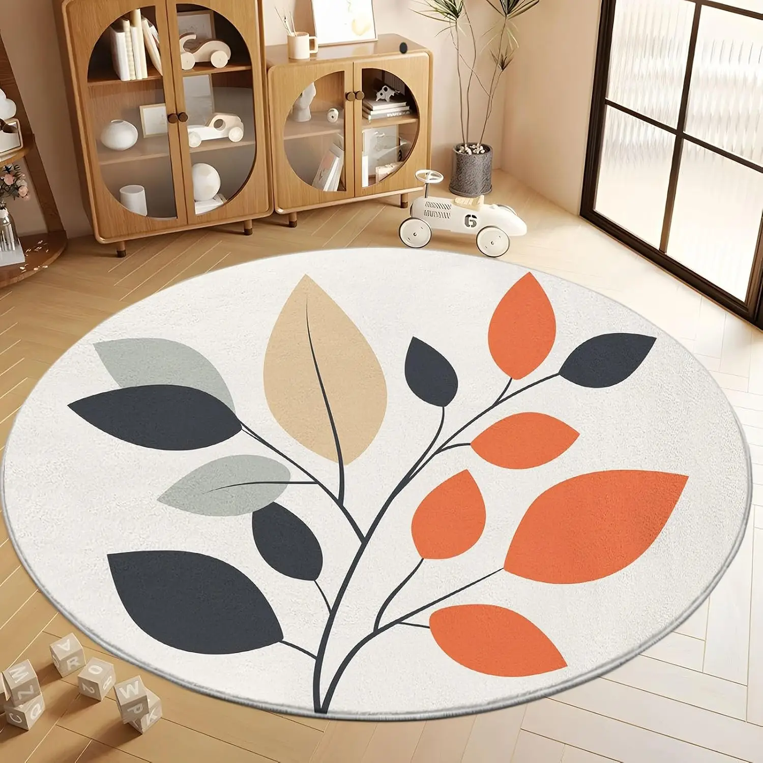 Boho Round Leaf Pattern Area Rug Botanical Design Plush Carpet for Nursery Kids Room Modern Minimalist Living Room Home Decor Fl