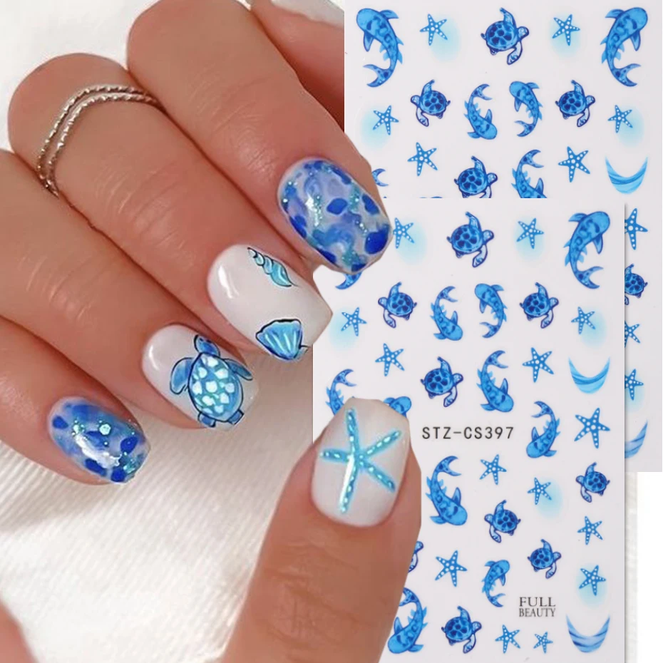 3D Cute Cartoon Blue Whale Nail Stickers - Ocean Whale, Starfish and Sea turtle Designs Nail Decals Y2K Nail Decorations DIY