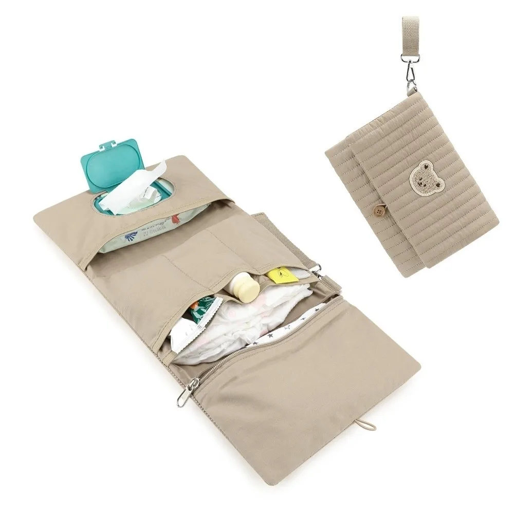 Cute Baby Hanging Diaper Bag Multi-Compartment Cotton Foldable Storage Pouch Detachable Strap Multiple Solid Colors
