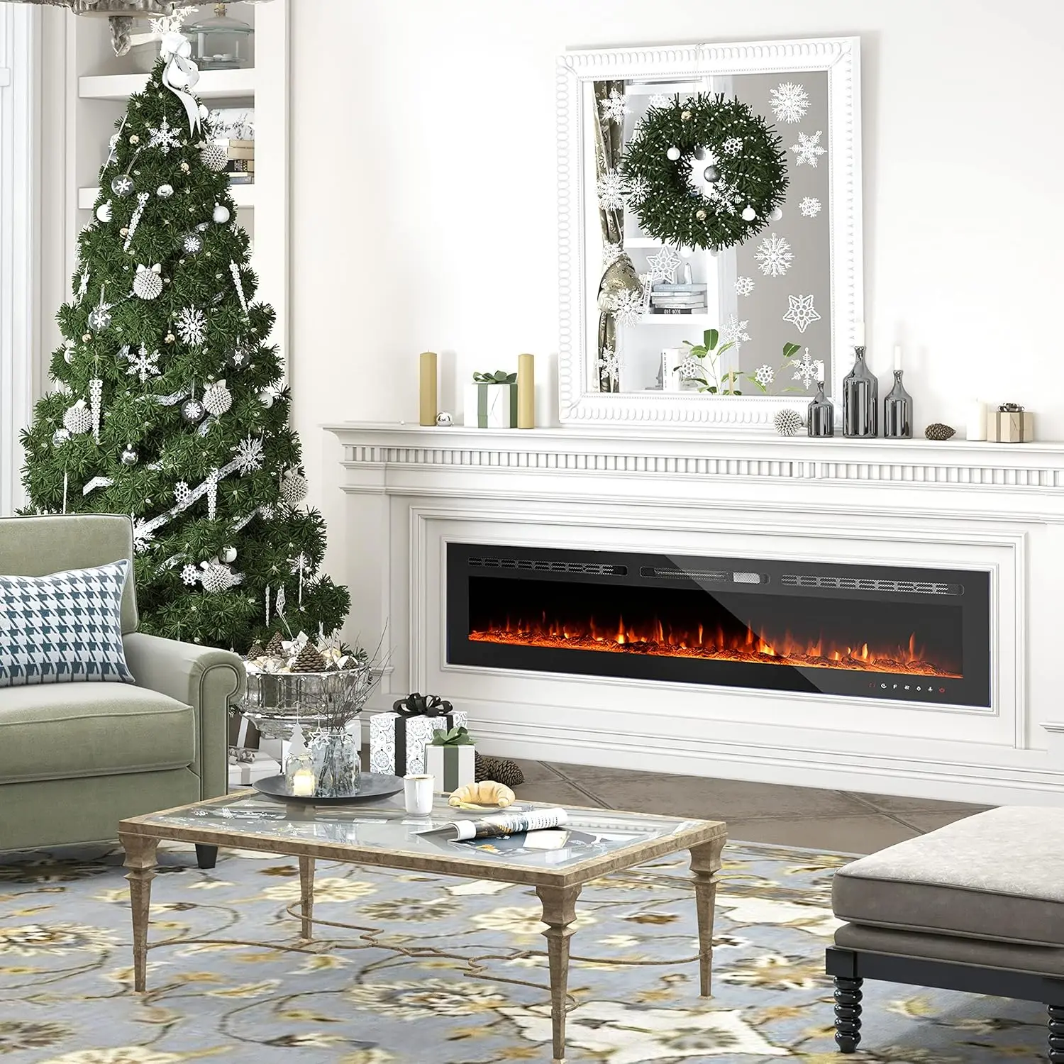 Electric Fireplaces-60 Inch-Recessed and Wall Mounted Fireplace- Insert Heater LED Fire Place-Remote Control & Touch Screen