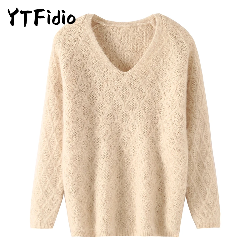 YTFidio Mink Cashmere Sweater V-Neck Pullover Women Knitwear  Diamond Grid Thick Base Tops Outerwears Knitted Oversized 155