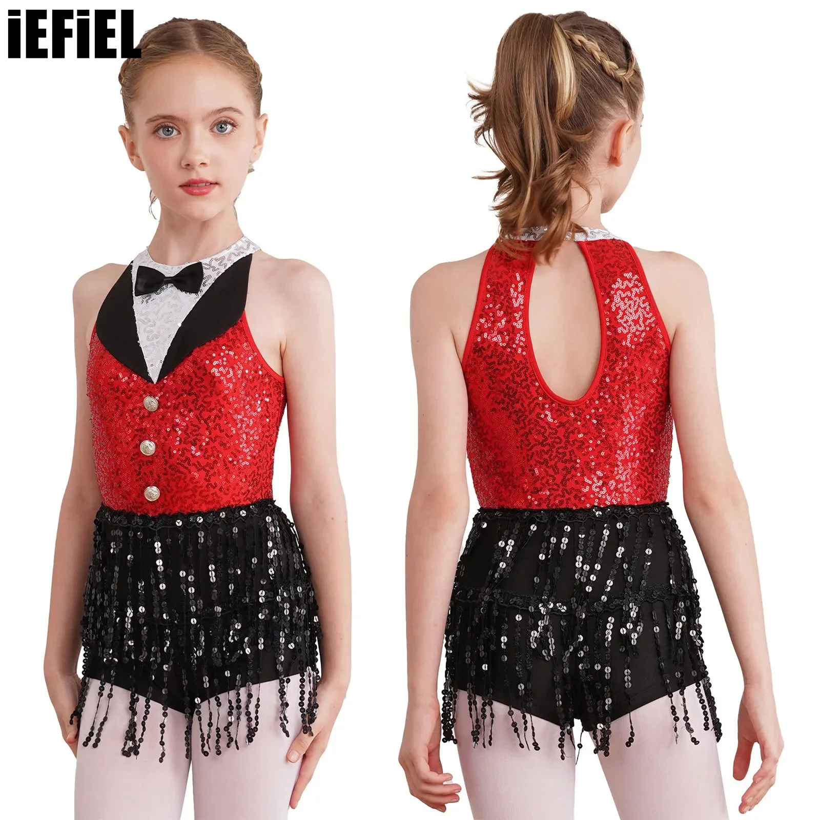 

Kids Girls Sequin Tassel Dance Dress Sleeveless Back Keyhole Boyshorts Sequin One-Piece Dancewear for Latin Jazz